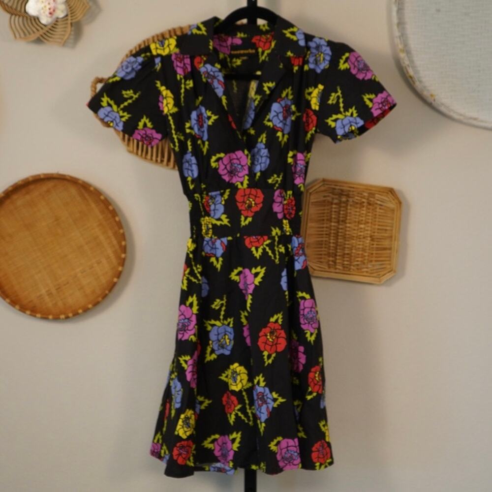 Nooworks‎ Short Sleeve Collared Dress Floral Black Womens Size XS